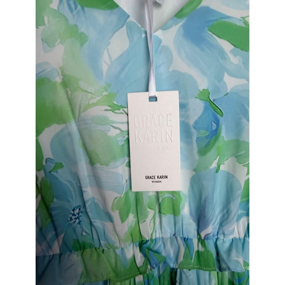 Grace Karin Floral Pleated Midi Dress Blue Green L NWT - Picture 3 of 8